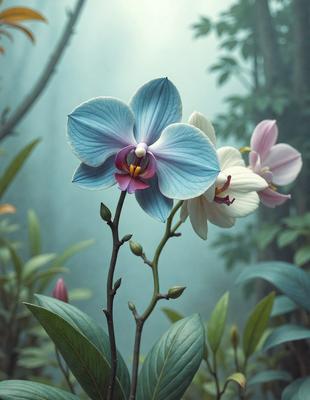 The primary subject of the image is a beautiful flower, which is the main focus of the scene. The flower is surrounded by a lush green environment, with a backdrop of a forest. The visual style of the image is a photo, capturing the intricate details of the flower and its surroundings. The dominant colors in the image are green and purple, creating a serene and natural atmosphere.